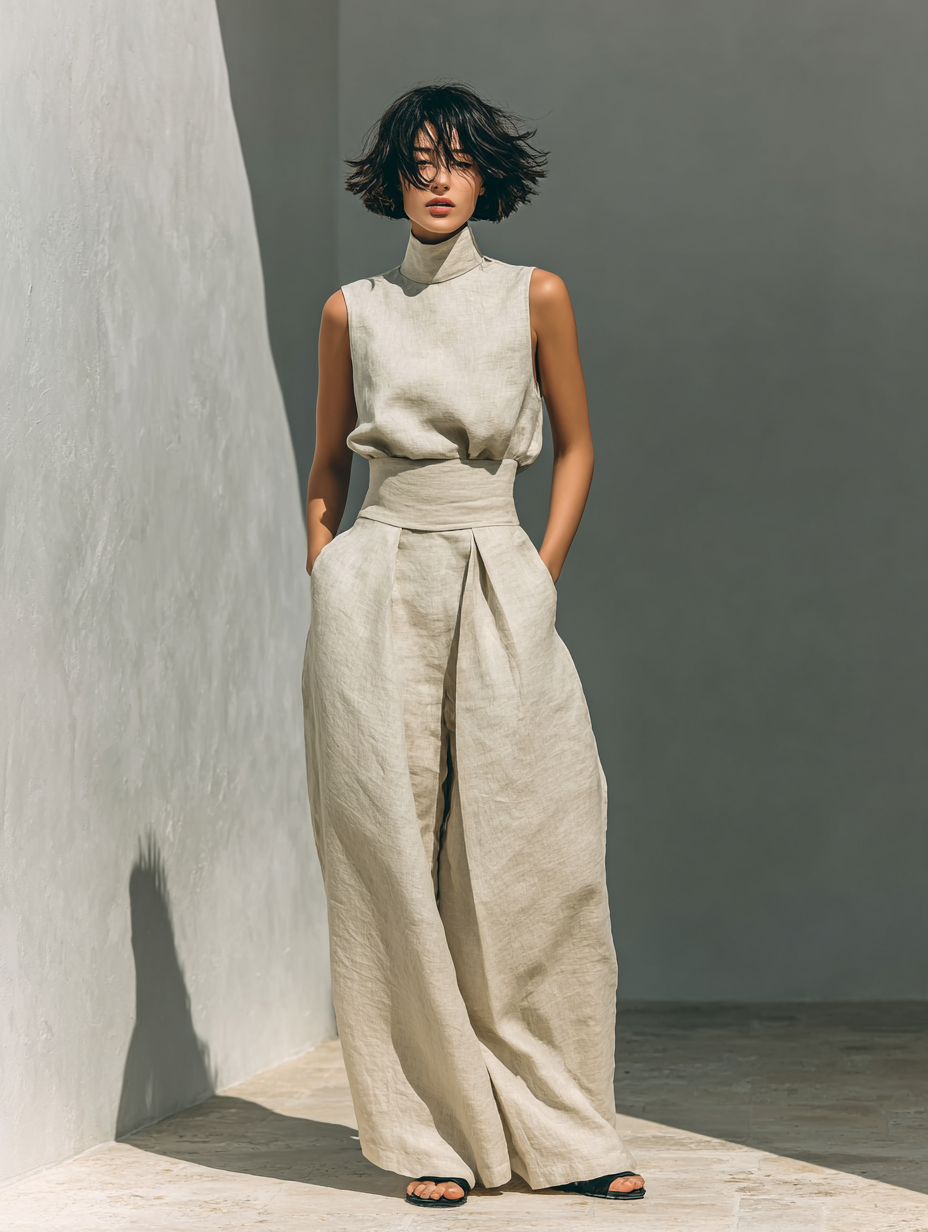 Maria - Conjunto Minimalista de Top y Pantalones Anchos de Algodón y Lino