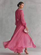 Elegancka długa sukienka damska z różowego perłowego chiffon z dekoltem V i paskiem w talii