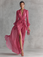 Elegancka długa sukienka damska z różowego perłowego chiffon z dekoltem V i paskiem w talii