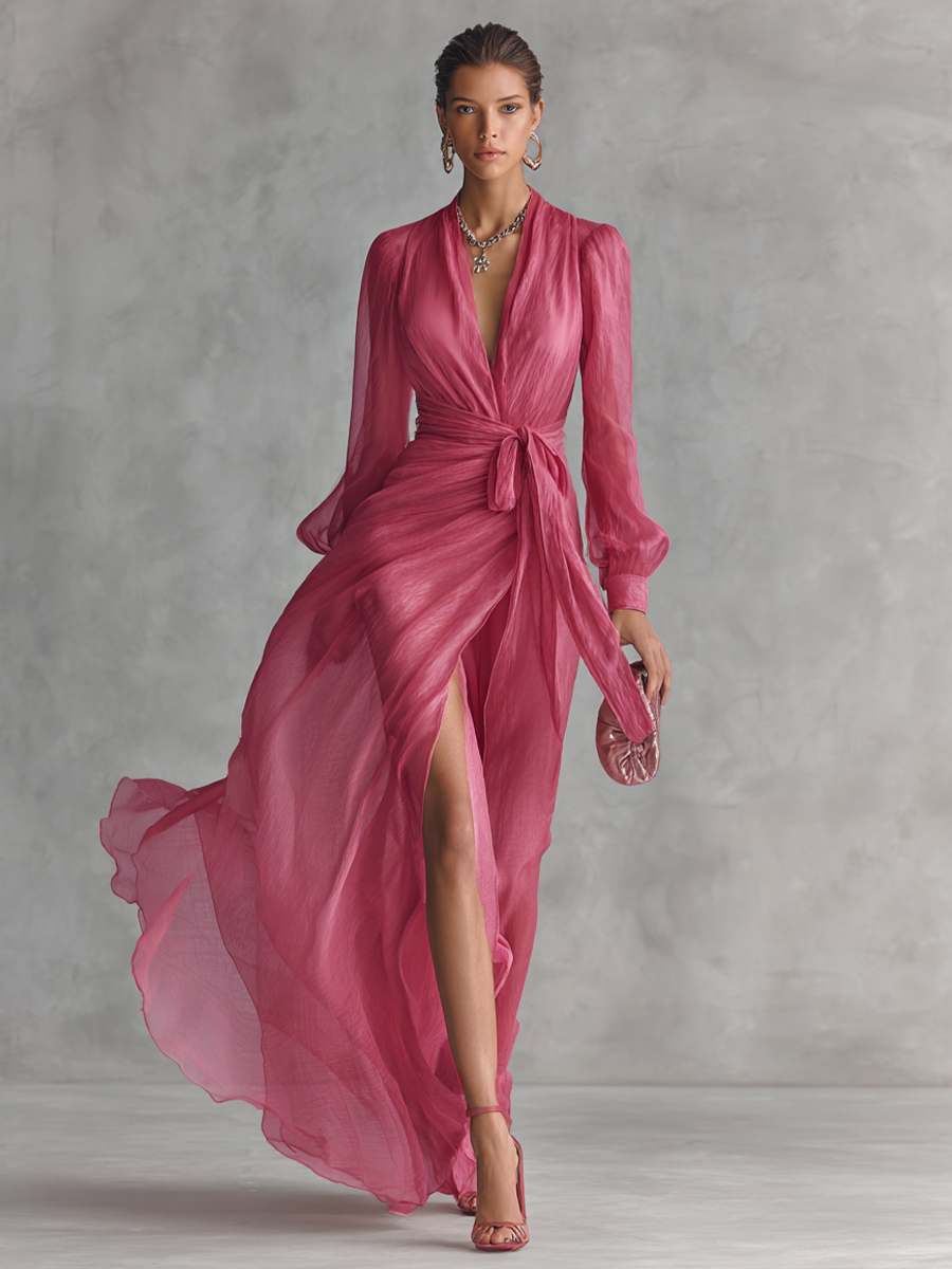 Elegancka długa sukienka damska z różowego perłowego chiffon z dekoltem V i paskiem w talii