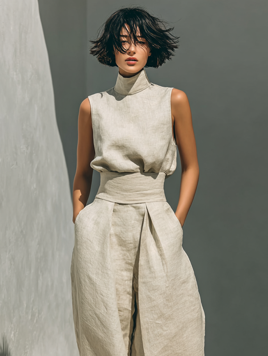 Maria - Conjunto Minimalista de Top y Pantalones Anchos de Algodón y Lino