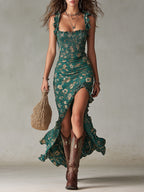 Zara - Boho Retro Maxi Dress with Puff Sleeves and High Slit