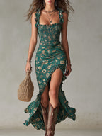 Zara - Boho Retro Maxi Dress with Puff Sleeves and High Slit