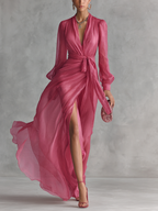 Elegancka długa sukienka damska z różowego perłowego chiffon z dekoltem V i paskiem w talii