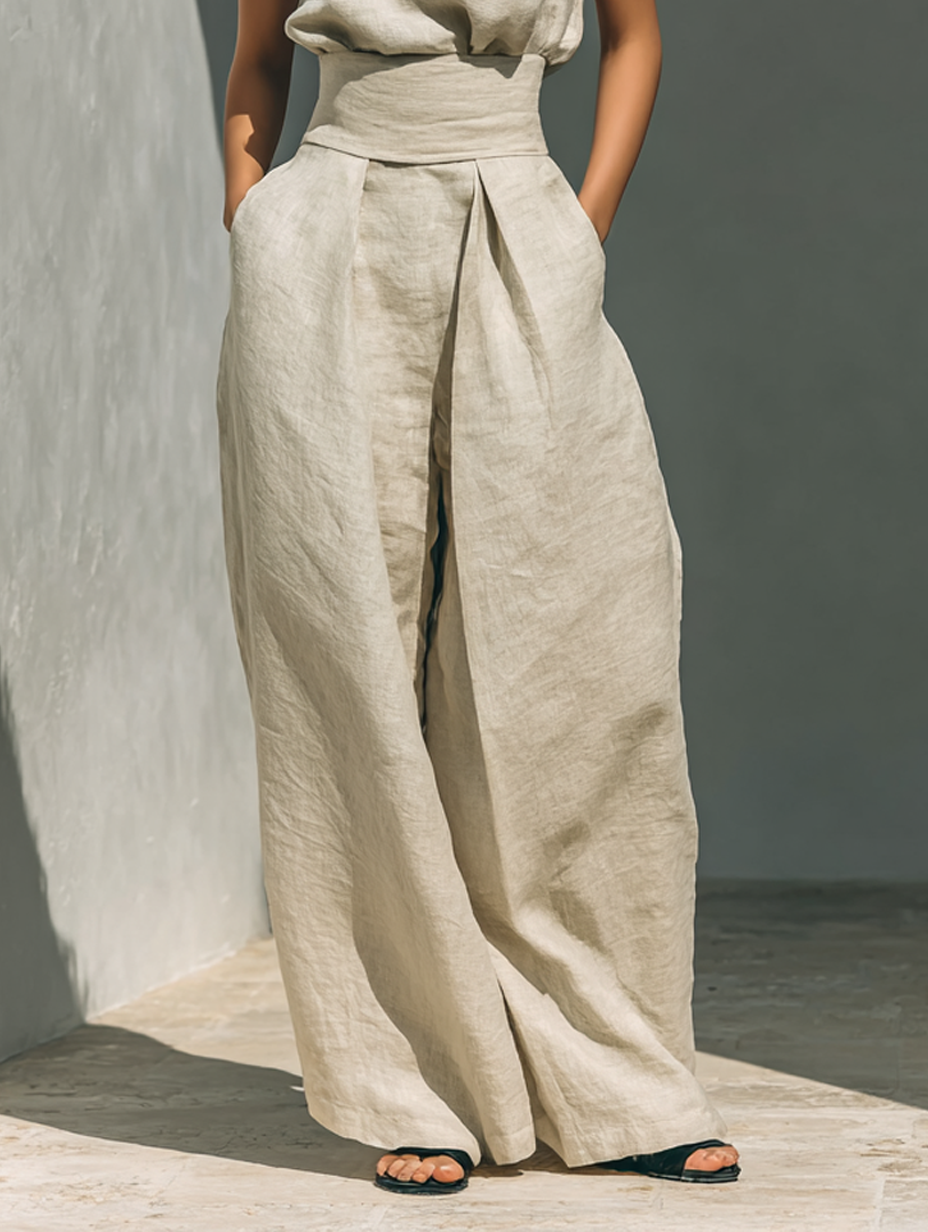 Maria - Conjunto Minimalista de Top y Pantalones Anchos de Algodón y Lino