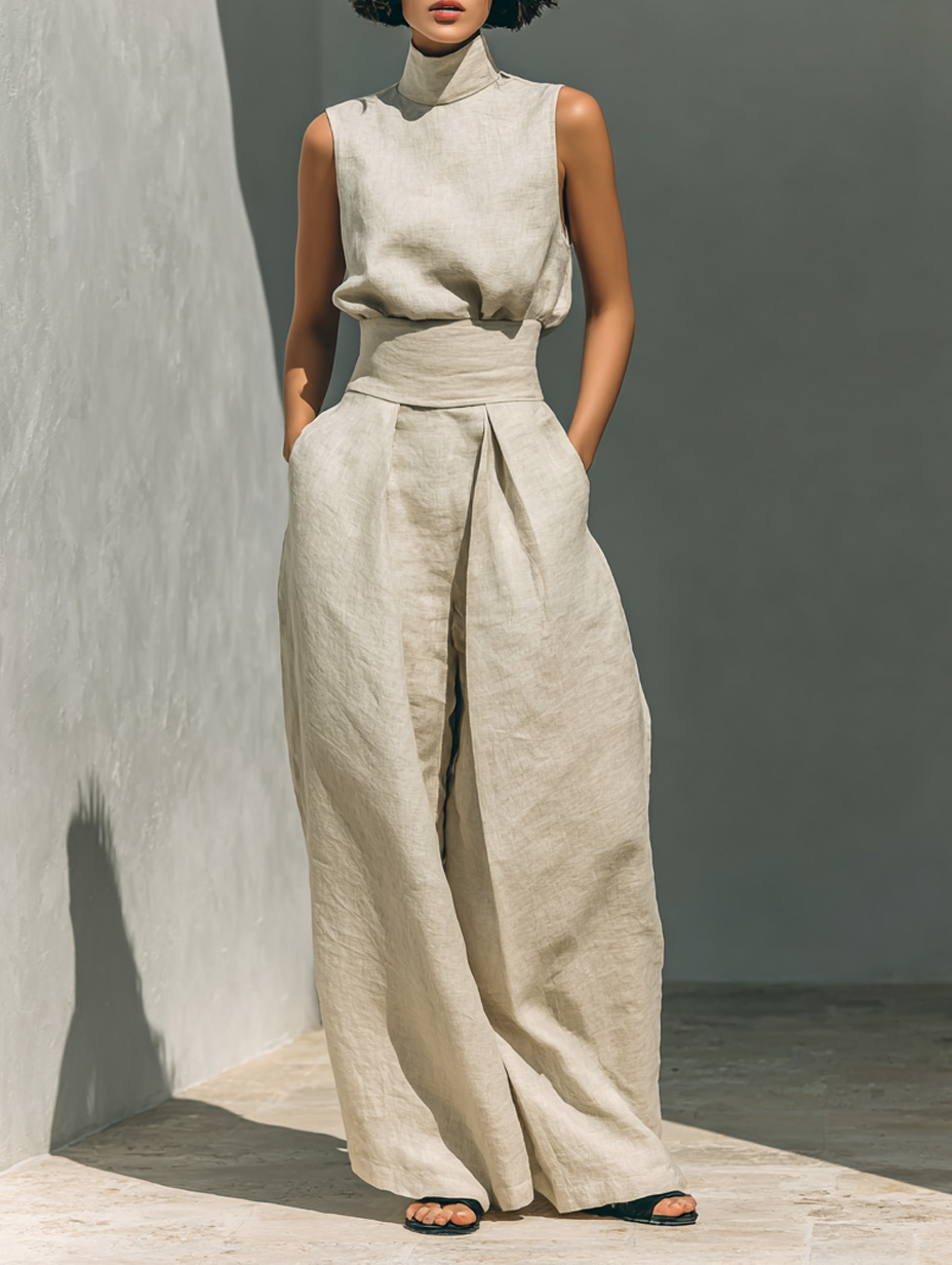 Maria - Conjunto Minimalista de Top y Pantalones Anchos de Algodón y Lino