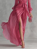 Elegancka długa sukienka damska z różowego perłowego chiffon z dekoltem V i paskiem w talii