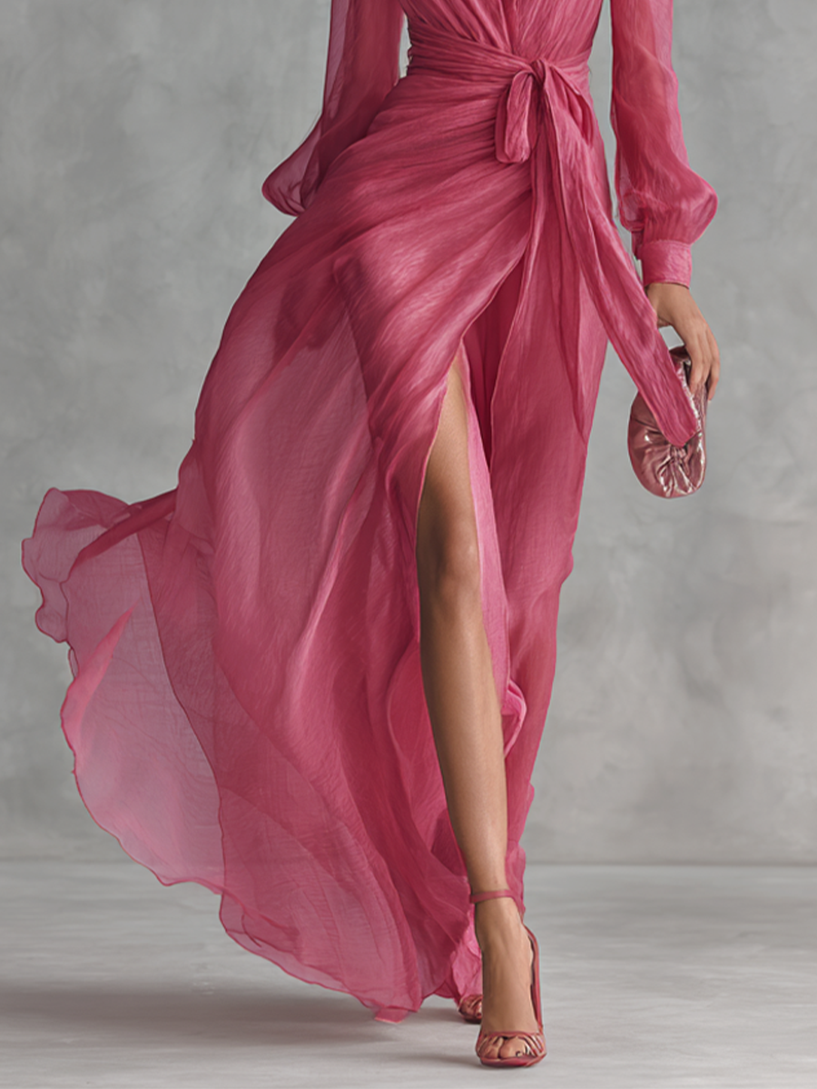 Elegancka długa sukienka damska z różowego perłowego chiffon z dekoltem V i paskiem w talii