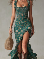 Zara - Boho Retro Maxi Dress with Puff Sleeves and High Slit