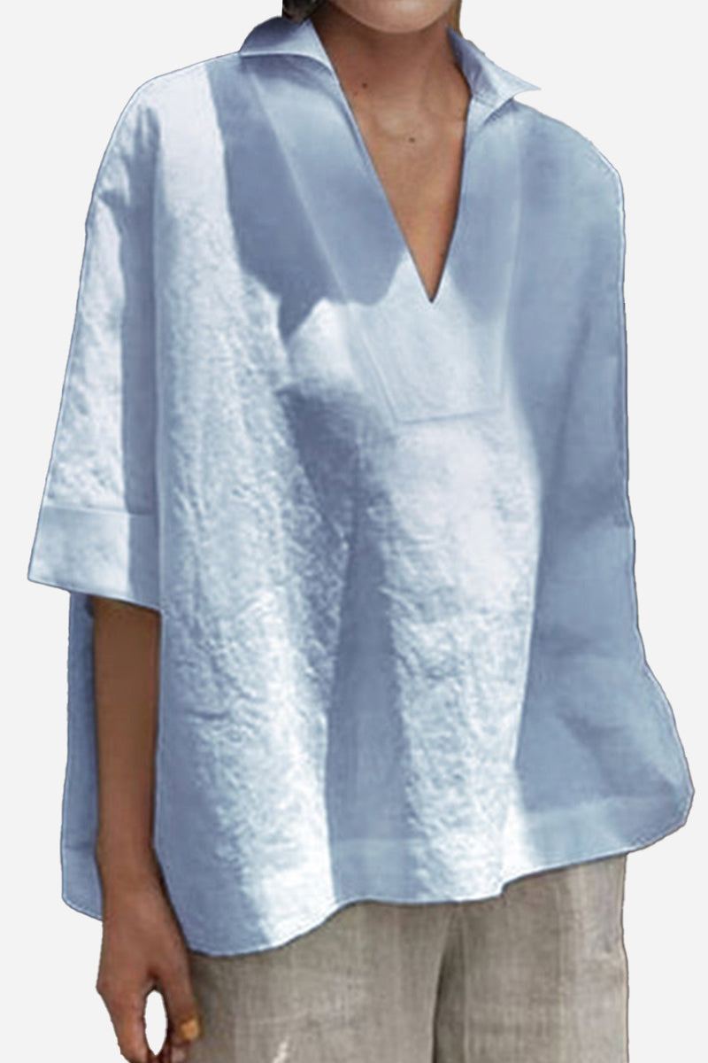 Koszula V-Neck z Bawełny i Lnu o Luźnym Kroju