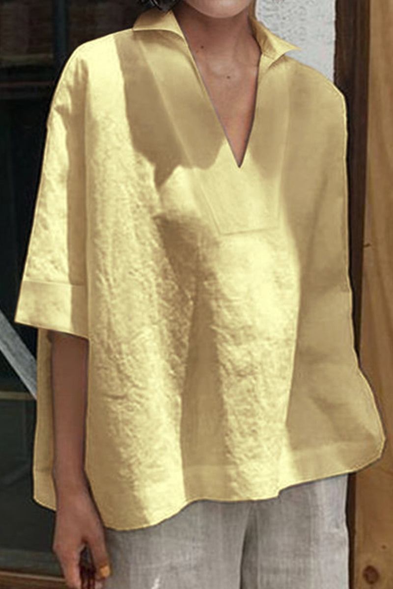 Koszula V-Neck z Bawełny i Lnu o Luźnym Kroju