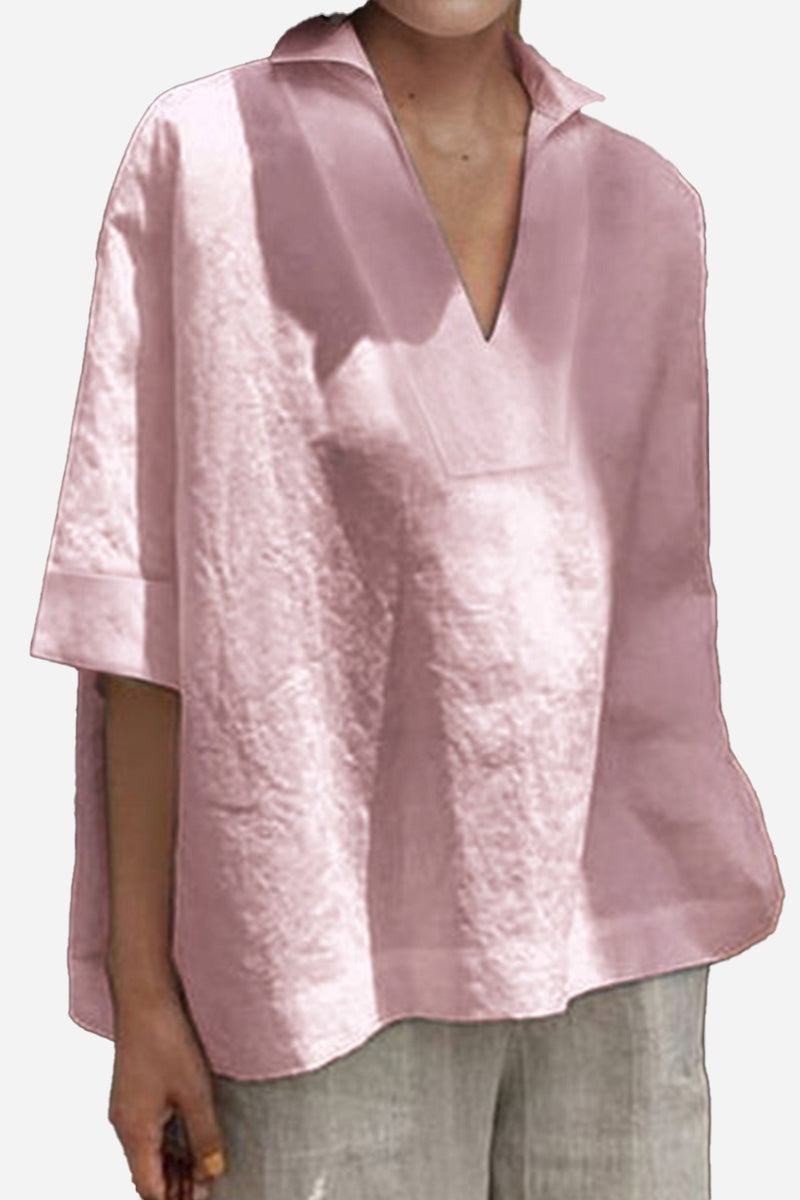 Koszula V-Neck z Bawełny i Lnu o Luźnym Kroju