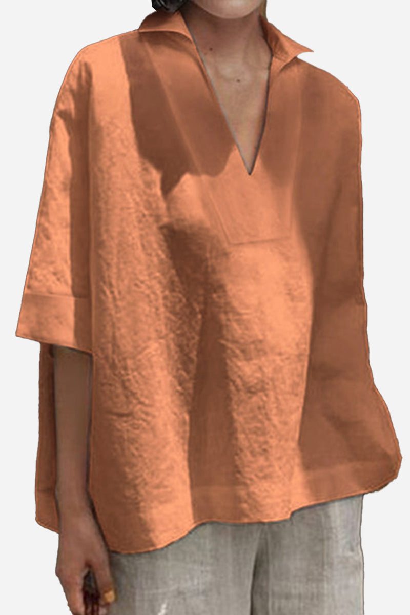 Koszula V-Neck z Bawełny i Lnu o Luźnym Kroju