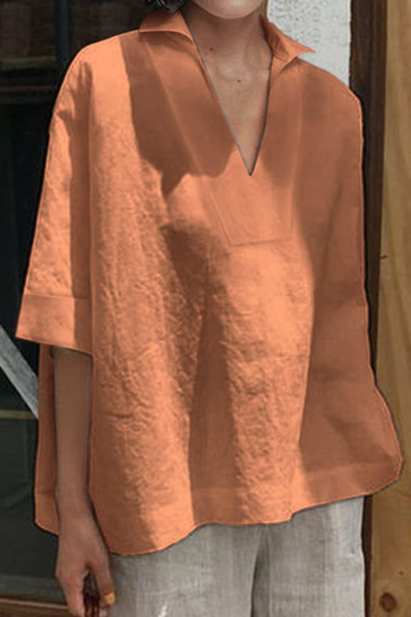Koszula V-Neck z Bawełny i Lnu o Luźnym Kroju