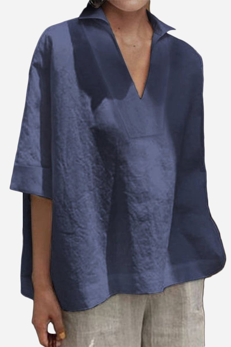 Koszula V-Neck z Bawełny i Lnu o Luźnym Kroju