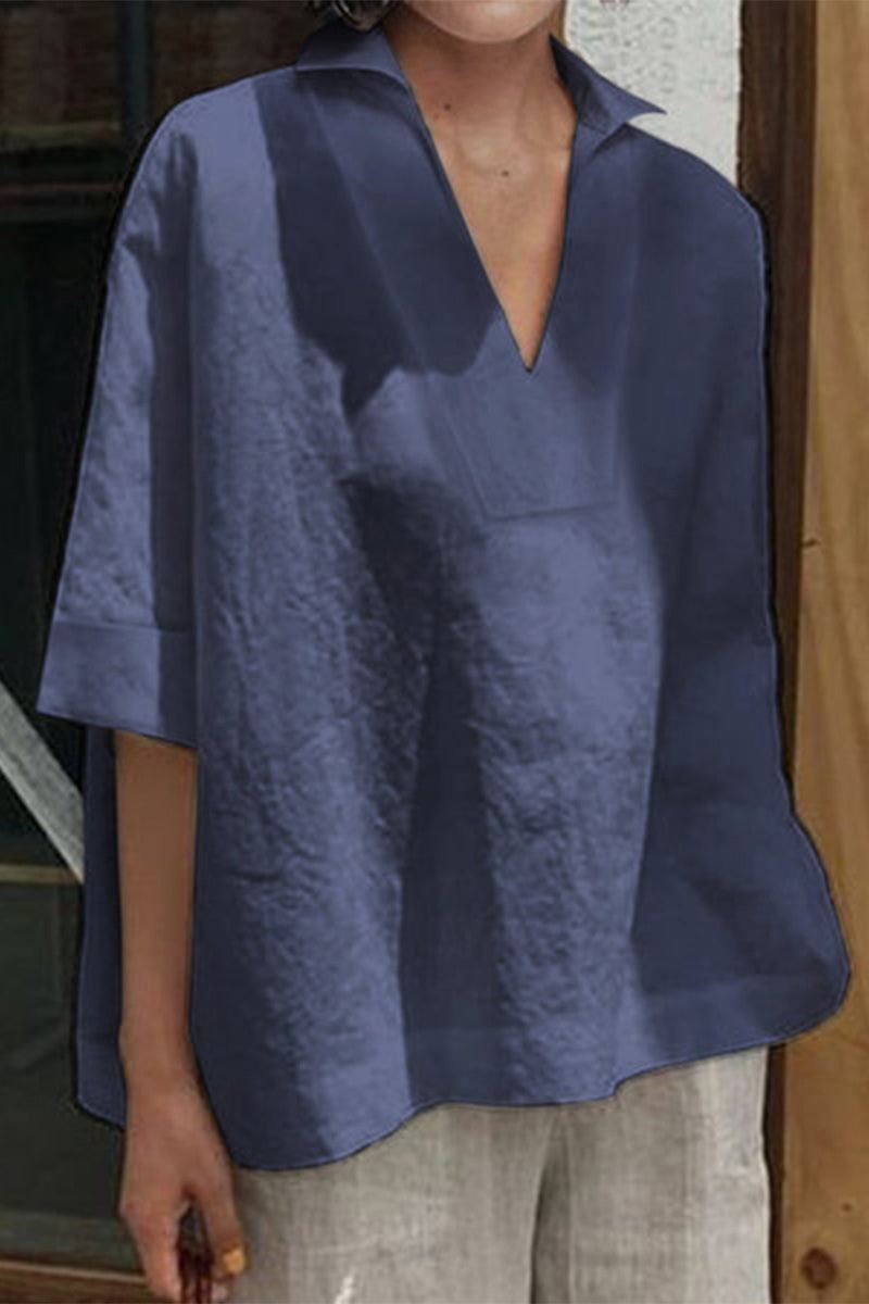 Koszula V-Neck z Bawełny i Lnu o Luźnym Kroju