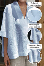Koszula V-Neck z Bawełny i Lnu o Luźnym Kroju