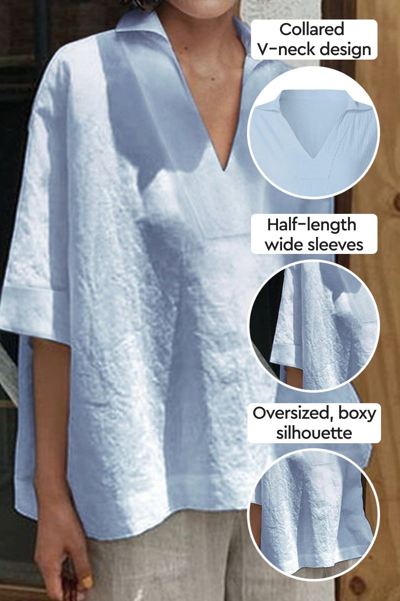 Koszula V-Neck z Bawełny i Lnu o Luźnym Kroju