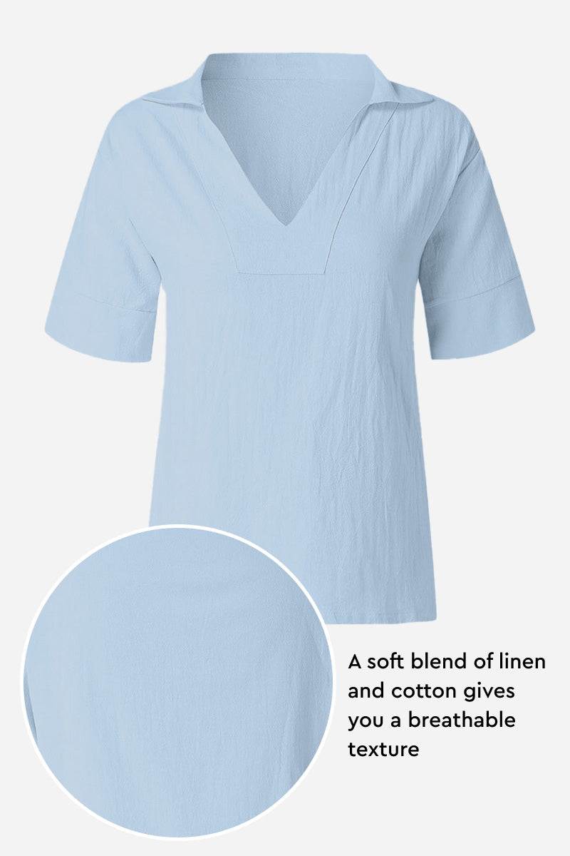 Koszula V-Neck z Bawełny i Lnu o Luźnym Kroju
