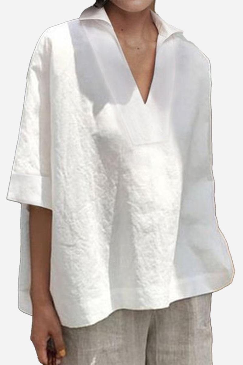 Koszula V-Neck z Bawełny i Lnu o Luźnym Kroju