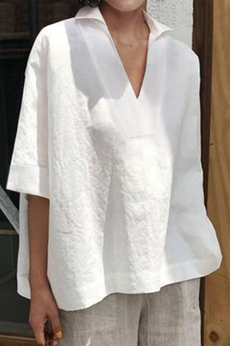 Koszula V-Neck z Bawełny i Lnu o Luźnym Kroju