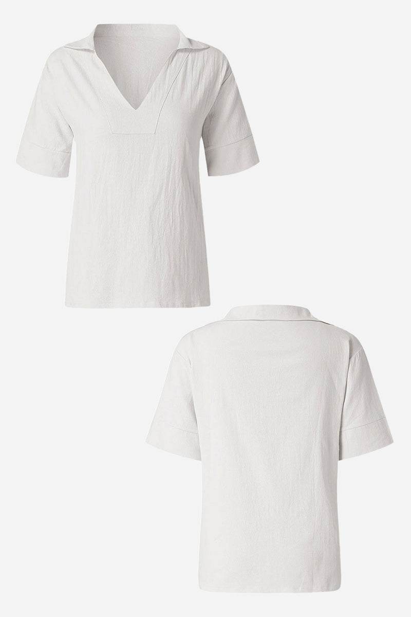 Koszula V-Neck z Bawełny i Lnu o Luźnym Kroju