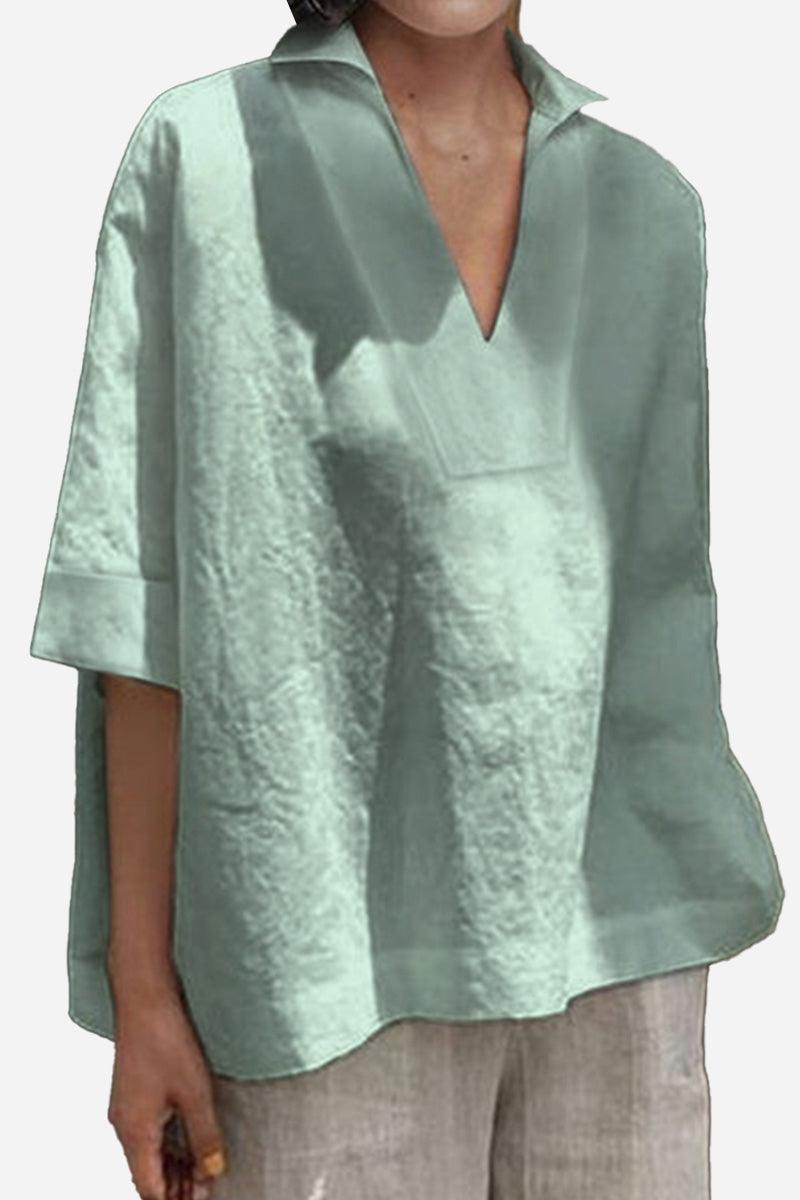 Koszula V-Neck z Bawełny i Lnu o Luźnym Kroju
