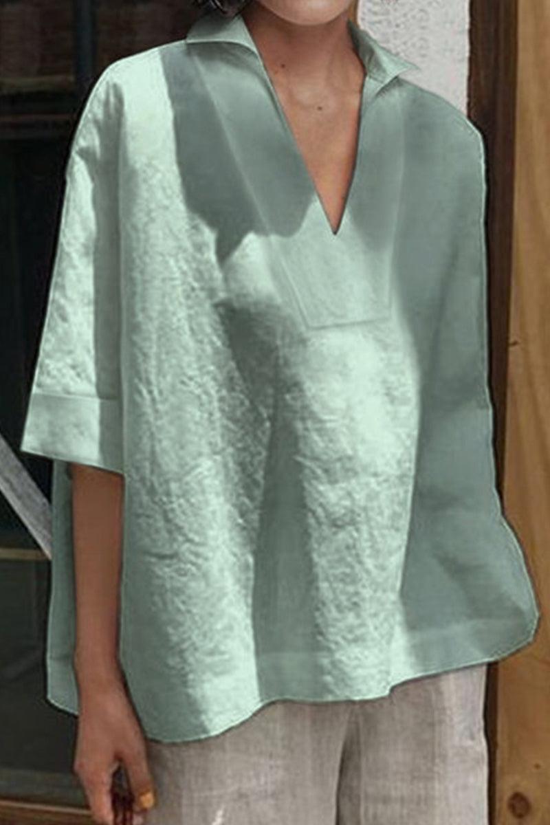 Koszula V-Neck z Bawełny i Lnu o Luźnym Kroju
