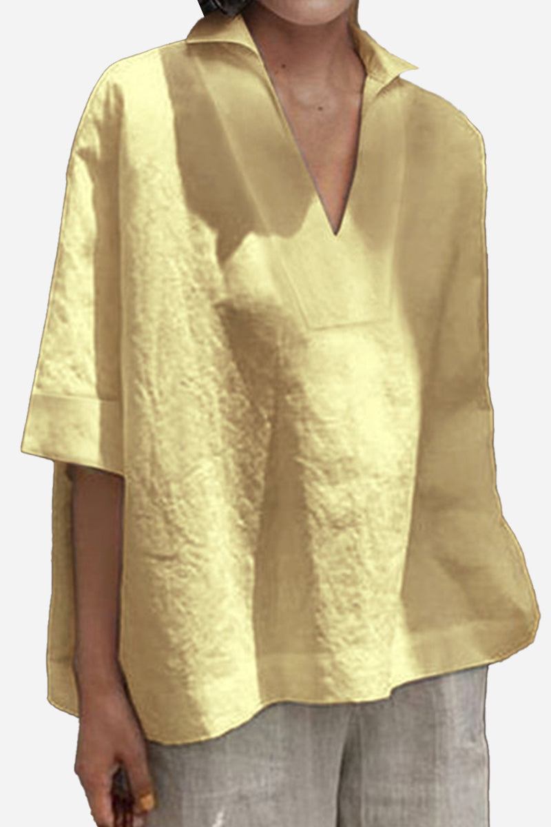 Koszula V-Neck z Bawełny i Lnu o Luźnym Kroju