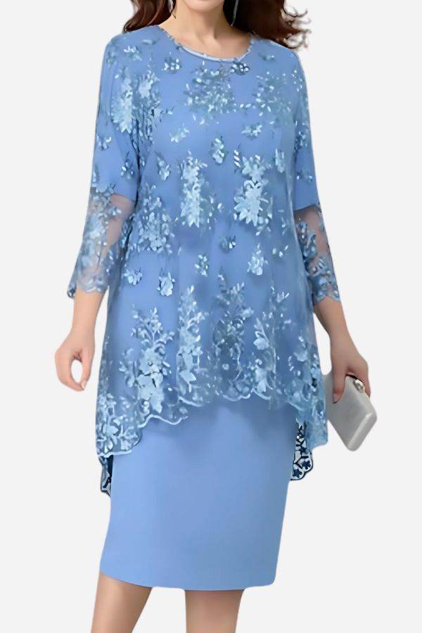 Elegancka Sukienka Wieczorowa z Koronkowym Haftem w Dwu Częściach