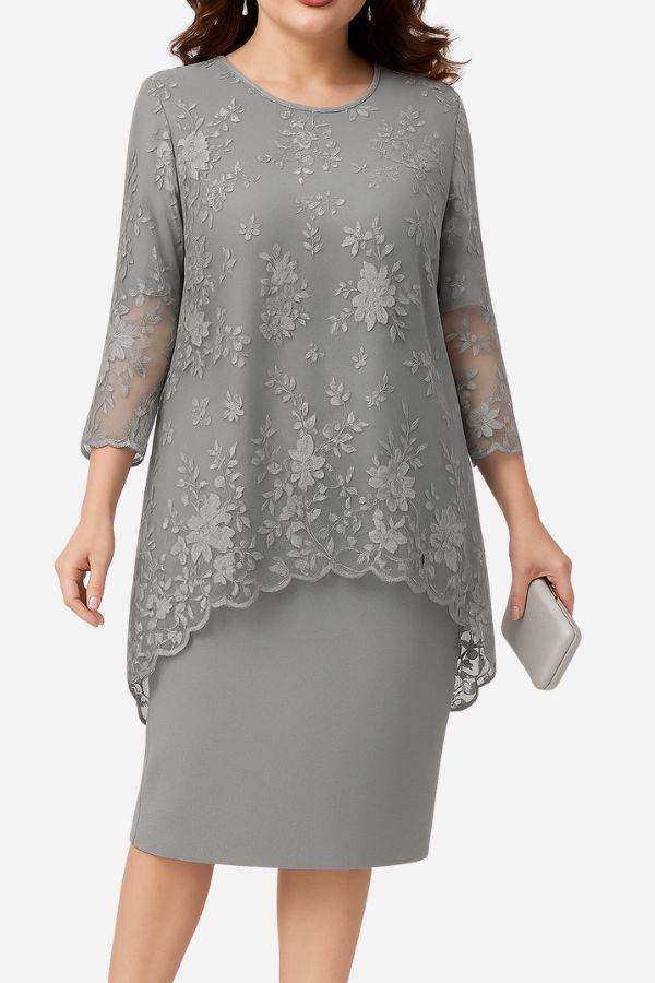 Elegancka Sukienka Wieczorowa z Koronkowym Haftem w Dwu Częściach