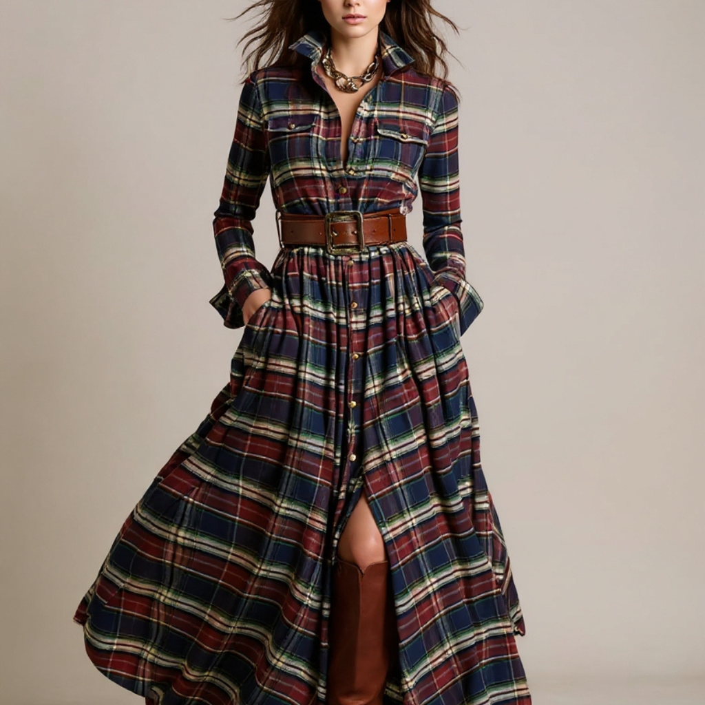 Giovanna Vestido Maxi Retro de Cuadros con Cintura Ajustada