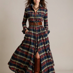 Giovanna Vestido Maxi Retro de Cuadros con Cintura Ajustada