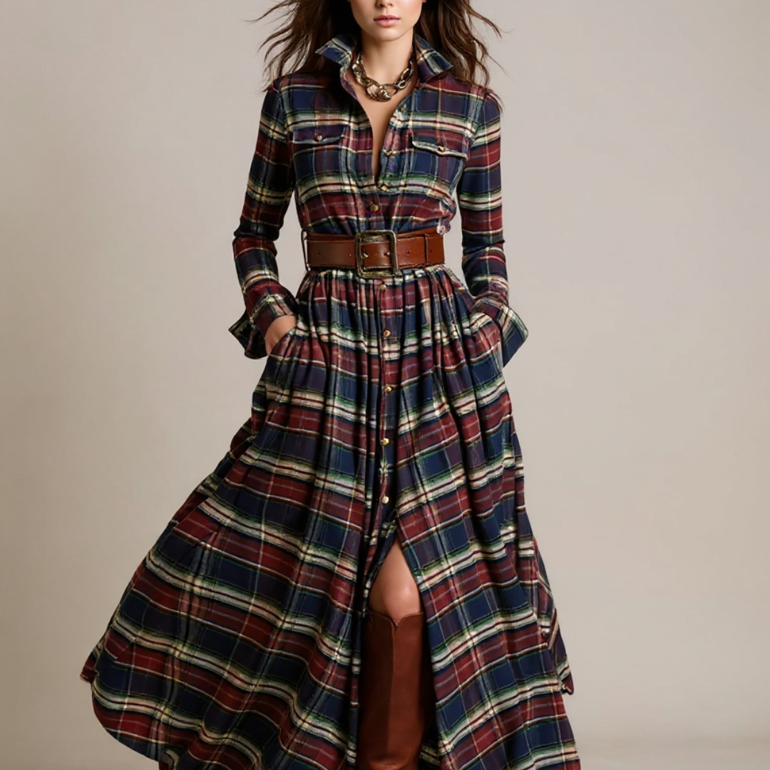 Giovanna Vestido Maxi Retro de Cuadros con Cintura Ajustada