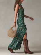 Zara - Boho Retro Maxi Dress with Puff Sleeves and High Slit