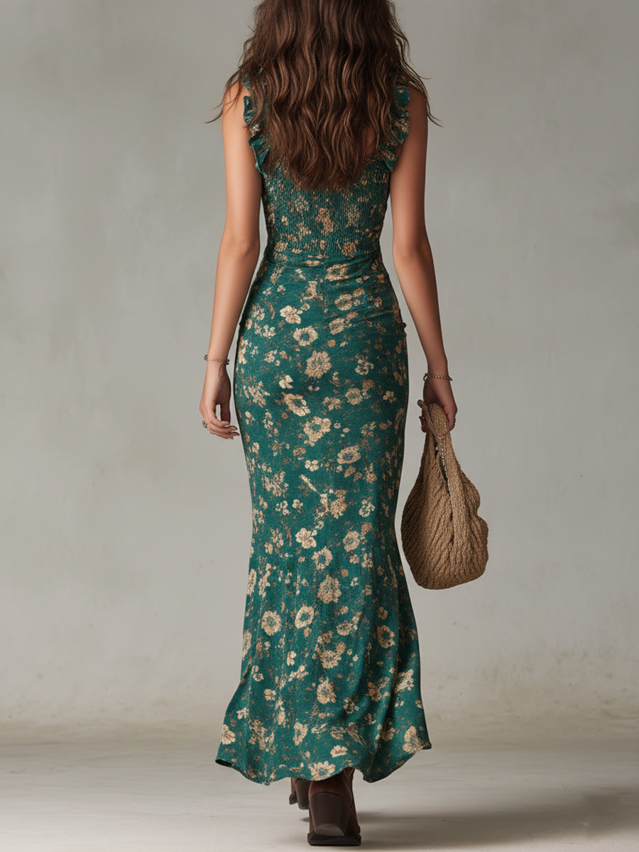 Zara - Boho Retro Maxi Dress with Puff Sleeves and High Slit