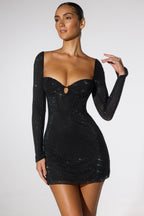 Vestido Mini de Manga Larga con Corsé Abierto Decorado en Azul Cobalto