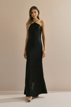 Vestido Midi Largo de Satén con Escote Triangular y Lazo en la Espalda - Capri Negro