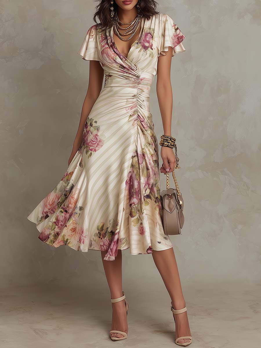 Alba - Elegancka midi sukienka w retro stylu z satynowym kwiatowym motywem