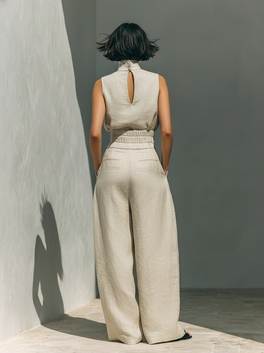 Maria - Conjunto Minimalista de Top y Pantalones Anchos de Algodón y Lino