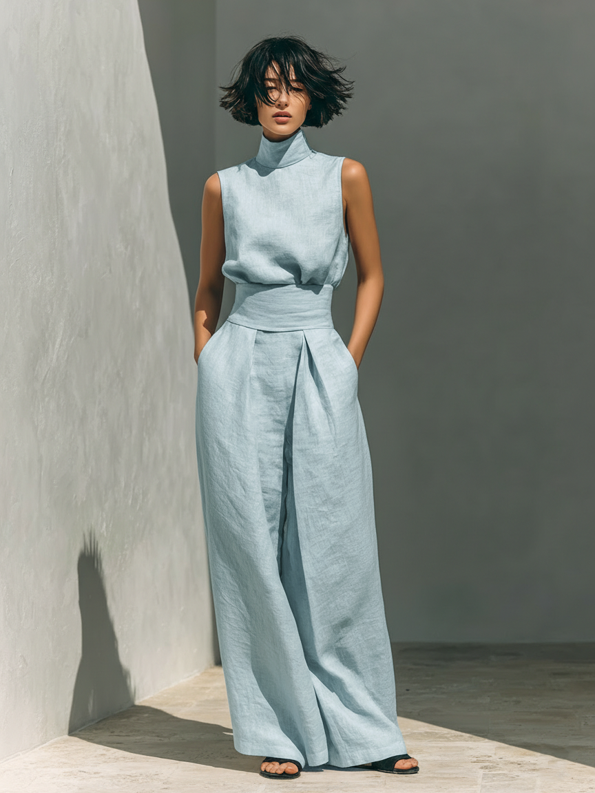 Maria - Conjunto Minimalista de Top y Pantalones Anchos de Algodón y Lino