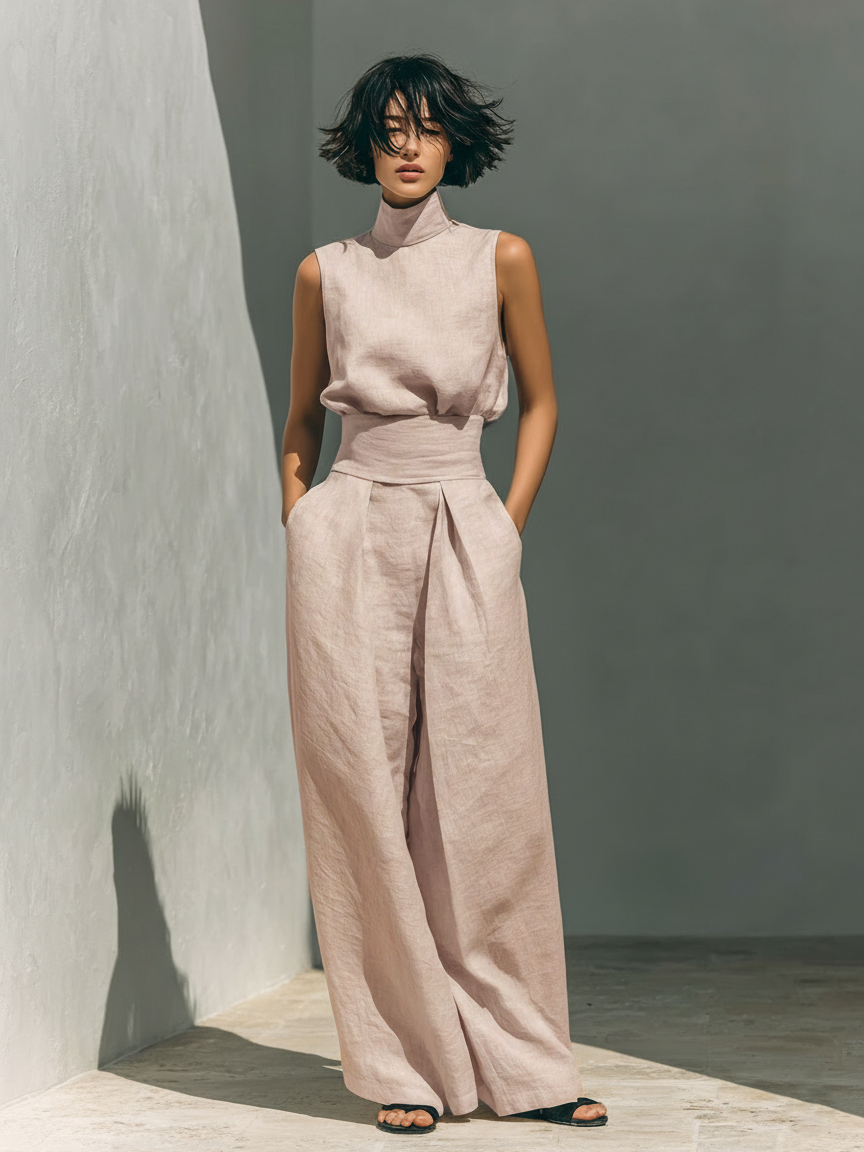 Maria - Conjunto Minimalista de Top y Pantalones Anchos de Algodón y Lino
