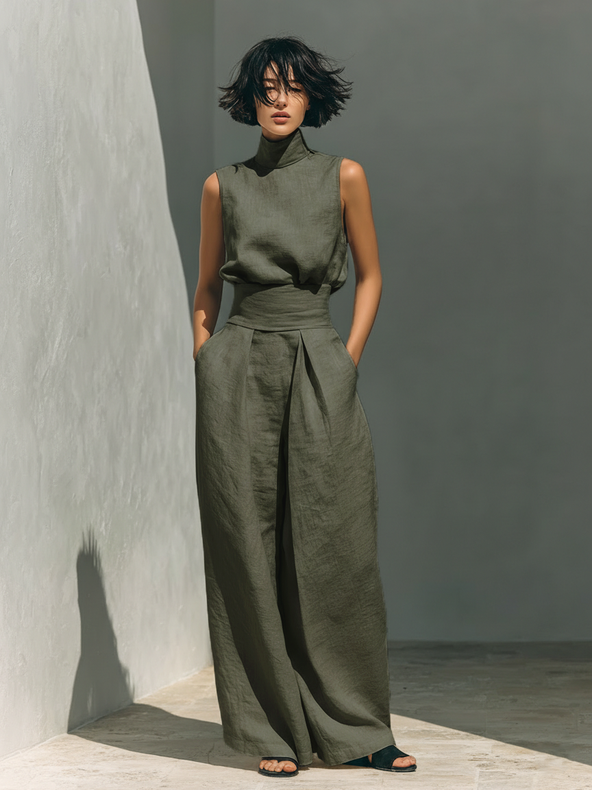 Maria - Conjunto Minimalista de Top y Pantalones Anchos de Algodón y Lino