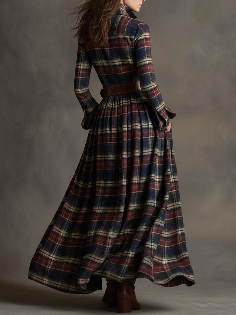Giovanna Vestido Maxi Retro de Cuadros con Cintura Ajustada