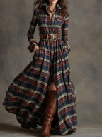 Giovanna Vestido Maxi Retro de Cuadros con Cintura Ajustada