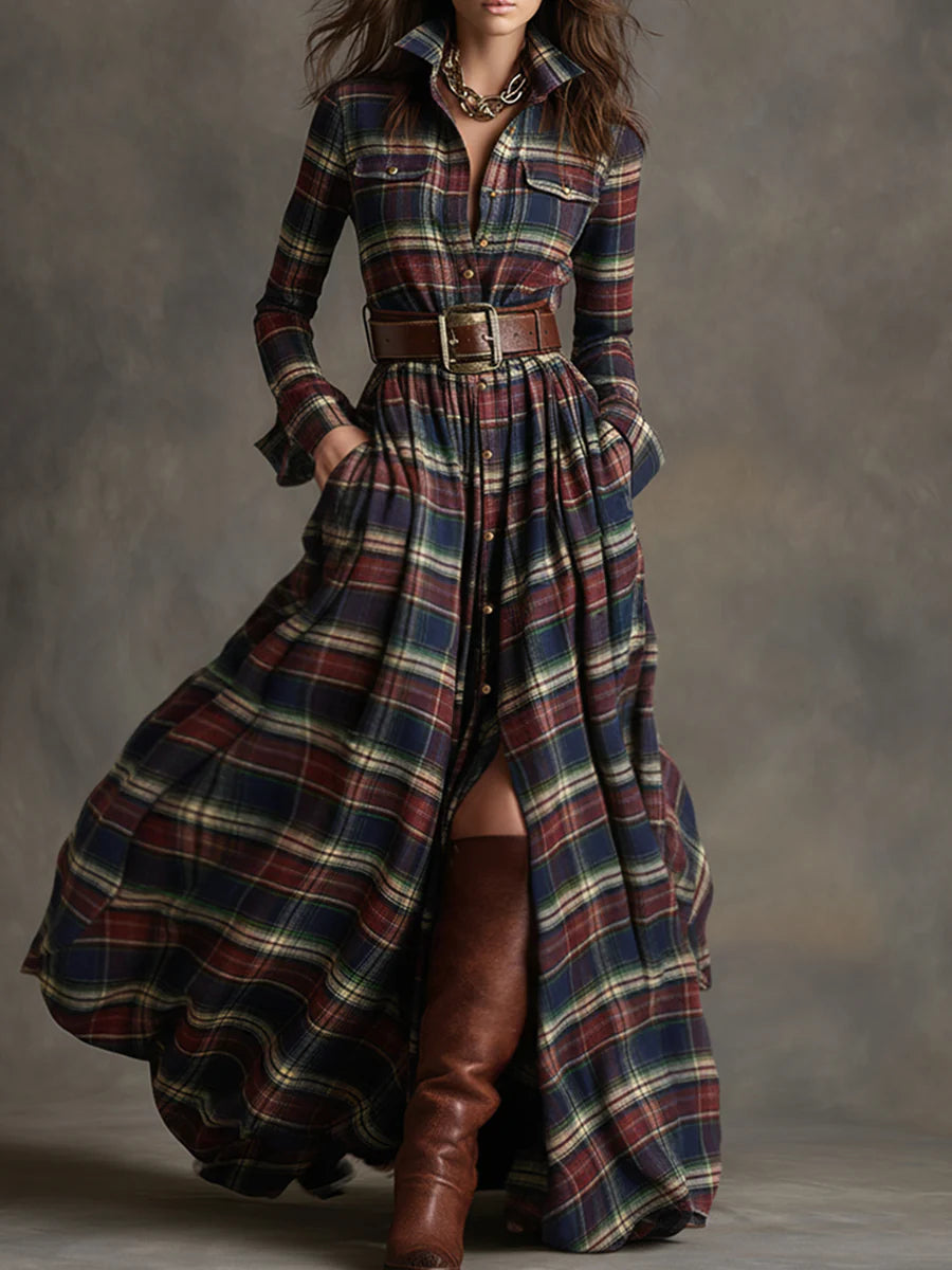 Giovanna Vestido Maxi Retro de Cuadros con Cintura Ajustada