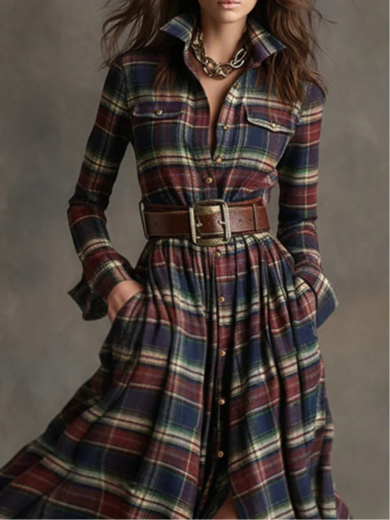 Giovanna Vestido Maxi Retro de Cuadros con Cintura Ajustada
