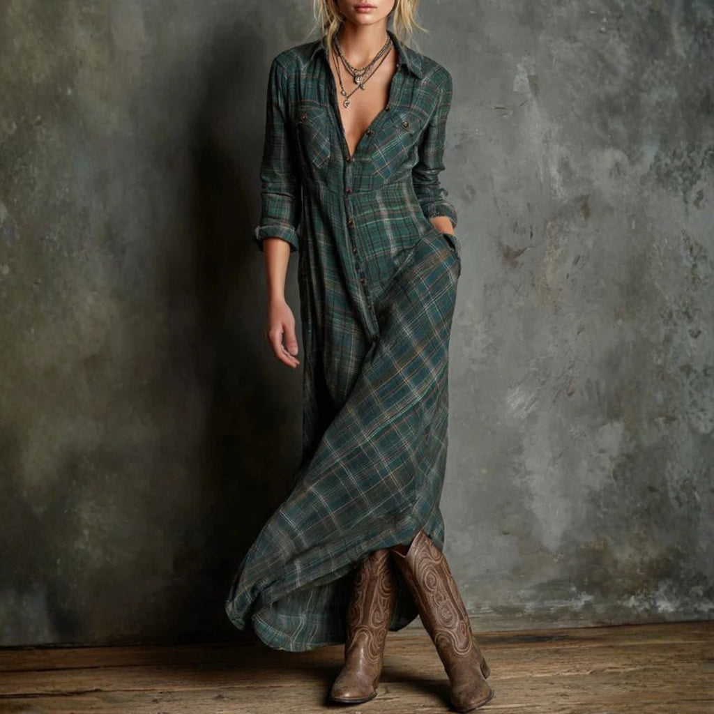 Mae Harper | Zielona Sukienka Maxi w Kratę