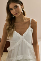 Vestido Corto de Tul con Escote en V, Volantes y Tirantes con Detalle de Encaje - Duna Off White
