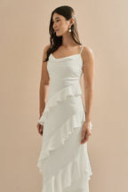 Vestido Midi en Satén con Escote Degagé, Tirantes Finos y Volantes Asimétricos - Isla Off White
